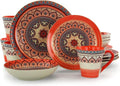 16 Piece Stoneware Dinnerware Set for 4 – Colorful Bohemian Style Plates and Bowls Microwave &amp Dishwasher Safe Rustic Glazed Finish (Rust)