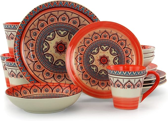 16 Piece Stoneware Dinnerware Set for 4 – Colorful Bohemian Style Plates and Bowls Microwave &amp Dishwasher Safe Rustic Glazed Finish (Rust)
