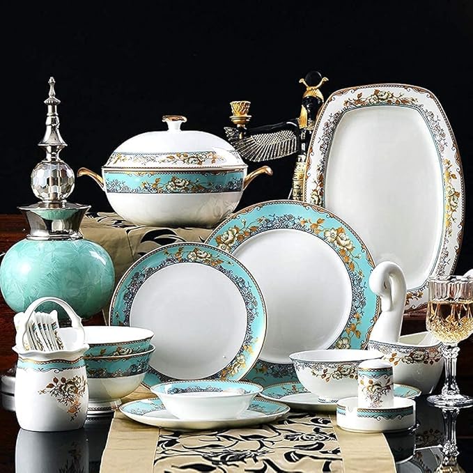 Dinnerware Set Dinner Party Tableware Service Set Ceramics Dinnerware Set with 50-Piece Bowl/Stockpot/Dish/Spoon|Bone China Dinner Sets Porcelain Combination Set80pieces