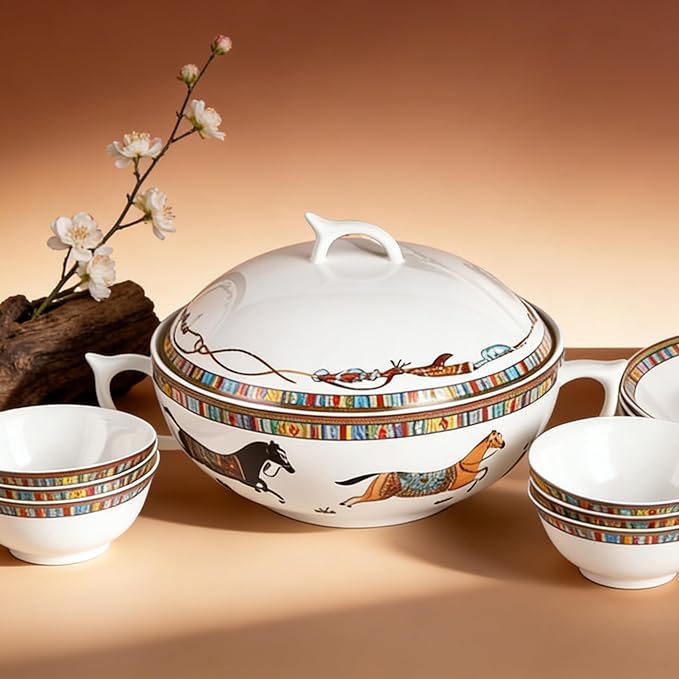 48 Piece Fine Bone China Dinnerware Set Luxury Horse Cheval Banquet Dinner Set - Elegant Design Dining Set for Everyday Use or Formal Occasions