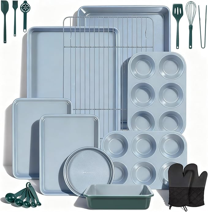 Ammeloo 18-Piece Ceramic Pots and Pans Set &amp 22-Piece Baking Pans Set Stackable Bakeware Hunter Green
