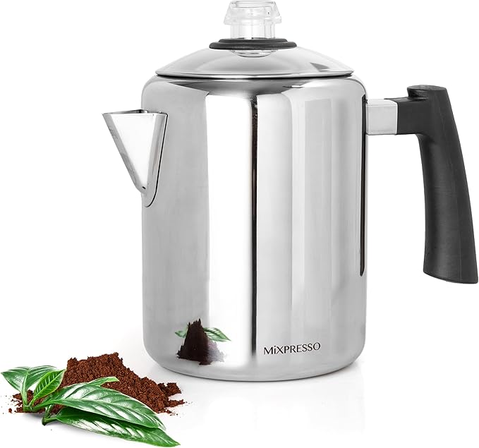 Mixpresso Stainless Steel Coffee Percolator Stovetop 37oz Classic Percolator Coffee Pot Great For Camping Pot 5-8 Cup Stove Top Espresso Maker Cool-Touch Handle