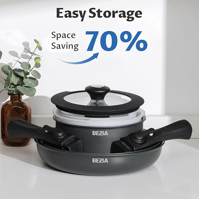 BEZIA Induction Cookware Set 10 Pieces Nonstick Pots and Pans Set with Removable Handles for All Hobs Stackable Design Dishwasher/Oven Safe PFAS Free