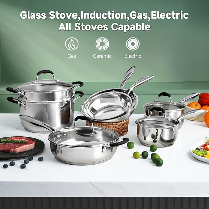 Stainless Steel Kitchen Cookware Set11 Piece Pots and Pans Set with SteamerHeat-resistant HandleNon-ToxicInductionOvenDishwasher Safe