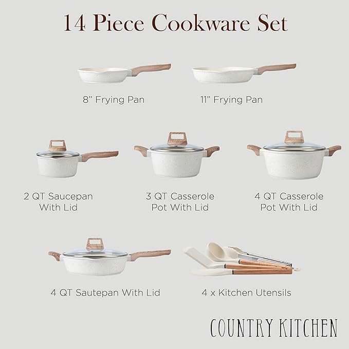 Country Kitchen Pots and Pans Set Nonstick Cast Aluminum Kitchen Cookware Set with Utensils 14 Pcs Non Stick Cooking Set w/Frying Pans &amp Saucepans Cream