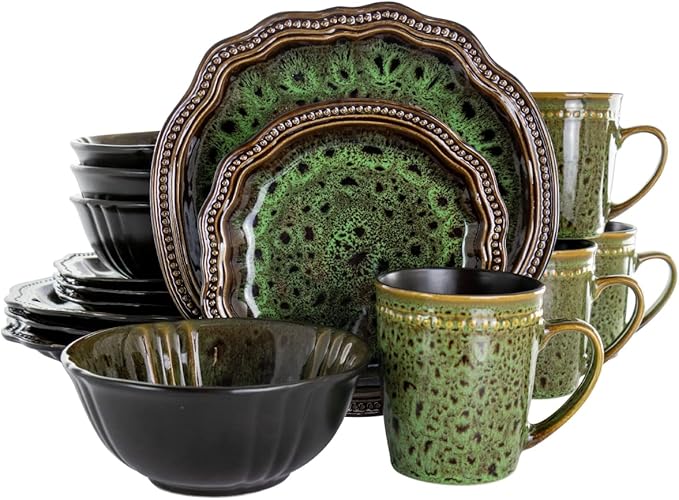 16 Piece Jade Waves Stoneware Dinnerware Set Green