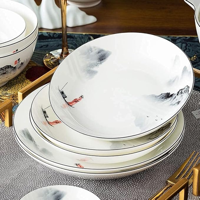 Porcelain Dinnerware Sets Plates and Bowls Sets 60-Piece Dinnerware Set Antiquity Chinese Style Porcelain Set Dinner Dishes Set Plates/Bowls/Spoons and Soup Pot Service for 12