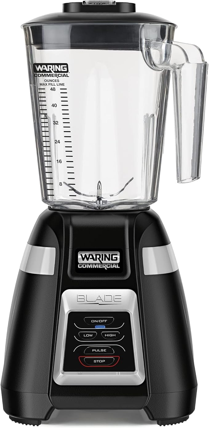 Waring Commercial BB320 Blade 1 HP Blender Toggle Switch Controls with Pulse feature 48 oz BPA Free Copolyester Stacking Container 120V 5-15 Phase Plug Black