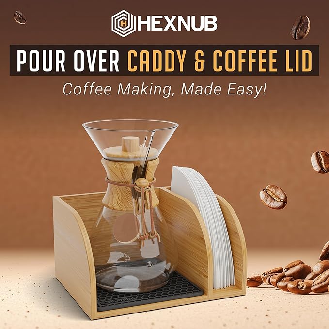 HEXNUB Caddy and Lid for Pour Over Coffee Maker Bamboo Stand fits Chemex Bodum Cosori Coffee Carafes Heatproof Mat Filter Holder - Black Mat