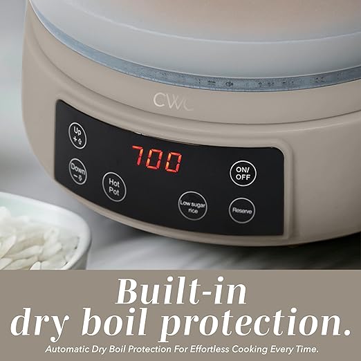 COOK WITH COLOR 3L Glass Mini Low Carb Rice Cooker – Holds 2 Cups Raw/Makes 6 Cups Cooked with Auto Lift Filter Basket Hotpot &amp Steamer for Rice Grains Digital Panel with Keep Warm Greige