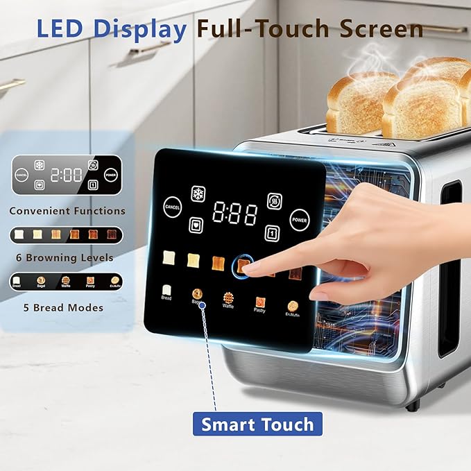 Smart Toaster 4 Slice Touch Screen Digital Toasters with 6 Browning Levels &amp 5 Bread Types Bagel Extra Long Wide Slots Memory Function Timer 1400W Stainless Steel