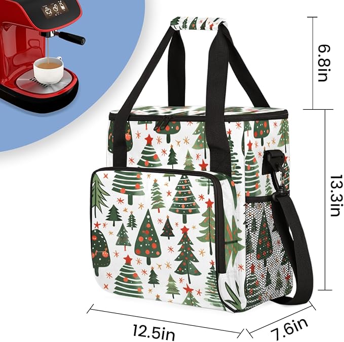 Xmas Abstract Tree Coffee Maker Carrying Bag Portable Travel Storage Tote Bag Compatible with K-Mini or K-Mini Plus Single Serve Coffee Brewer Carrying Case with Multiple Pockets &amp Shoulder Stra
