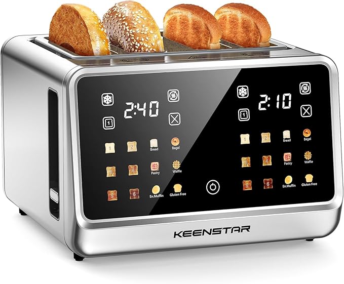 4 Slice Toaster with Touch Screen Stainless Steel Smart Bread Toaster 1.5 Wide Slots 6 Shade Settings &amp 6 Bread Types for Bagels Timer Single Slice Toasting Reheat Defrost 1800W