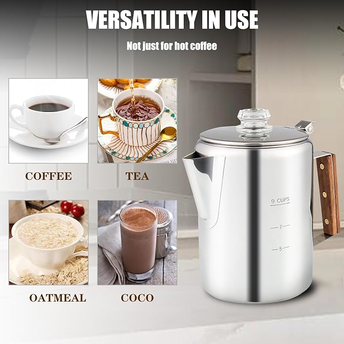 Coffee Percolator Camping Coffee Pot Stainless Steel with Glass Knob Using on any Stovetop - NO Aluminum NO Plastic (9 Cup)