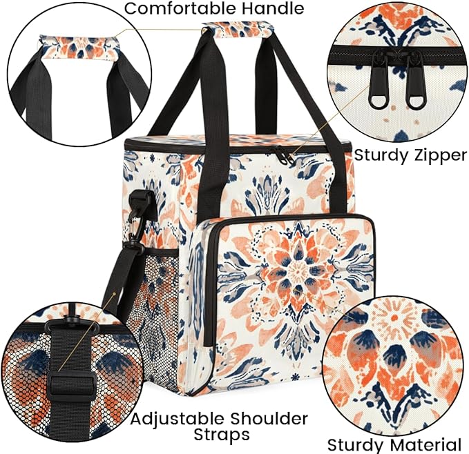 Rich Damask Coffee Maker Carrying Bag Retro Floral Travel Storage Bag Compatible with K-Mini or K-Mini Plus Single Serve Coffee Brewer Carrying Case with Multiple Pockets &amp Shoulder Strap