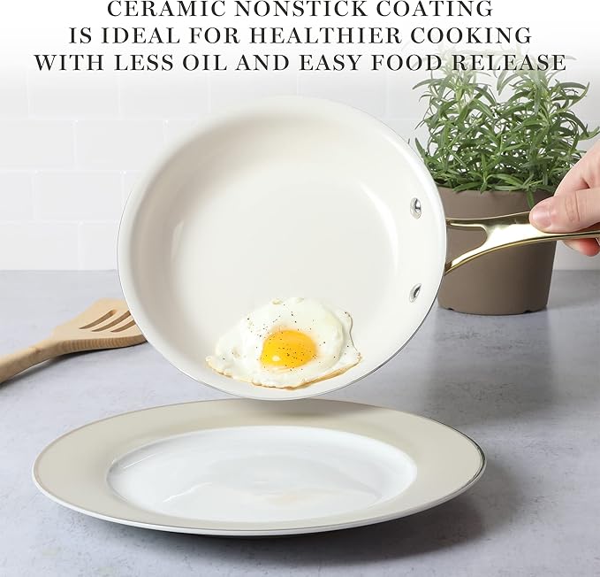 Martha Stewart Lockton Premium Nonstick PFA Free Ceramic Interior 10 Piece Heavy Gauge Enamel Aluminum Pots and Pans Cookware Set - Linen White w/Gold Handle &amp Gatwick 7 QT Enamel Cast Iron Dutch