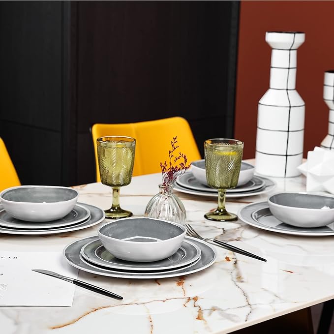 Melamine Dinnerware Set - 12pcs Dishes Dinnerware Set for 4 Indoor and Outdoor use Dishwasher Safe Break-resistant Lightweight Gray