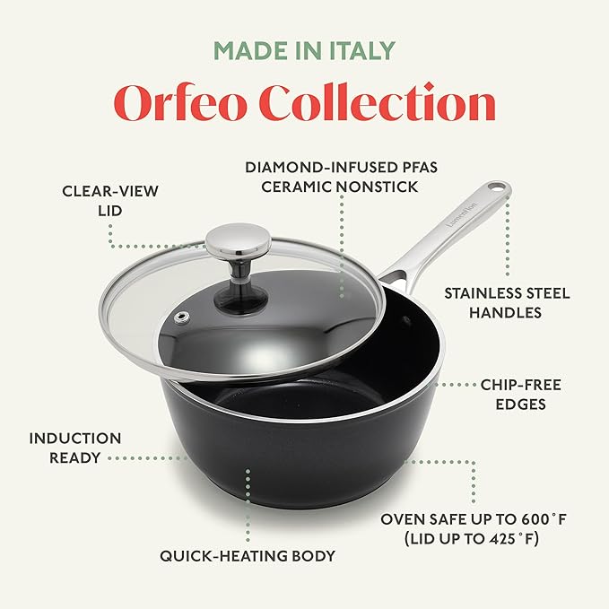 Orfeo 2.4QT Nonstick Saucepan with Lid Made in Italy Diamond Ceramic PFAS-Free Cookware Induction Ready Scratch Resistant Laser-Fused Surface for Durability Dishwasher Safe Black