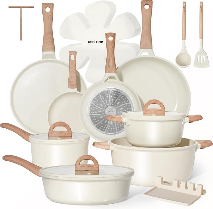 Pots and Pans Set Non Stick Non-Toxic 22 Pcs Ceramic Cookware Sets Nonstick Kitchen Pot&ampPan With Lid Cream White Granite Induction Compatible with Glass Lids Crepe Frying Pan PFOA/PFOS-Free