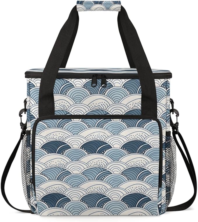 Blue Geometry Curve Coffee Maker Carrying Bag Portable Travel Storage Tote Bag Compatible with K-Mini or K-Mini Plus Single Serve Coffee Brewer Carrying Case with Multiple Pockets &amp Shoulder Str
