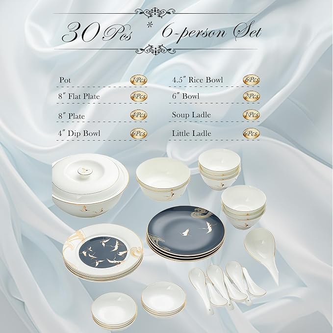 30 Pcs Fine Bone China Dinnerware SetPorcelain&ampCeramic Dinnerware SetsBone Stoneware &amp Ceramic Cookware Tableware Set Includes Dinner Plates|Spoons|Pasta Bowls|Soup Pot|Chopsticks