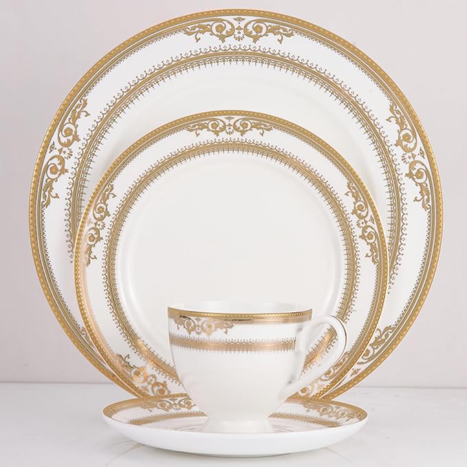 24 pieces bone china dishes set for 6 ceramic plate set with gold thread elegant royal pattern dinnerware sets for wedding afternoon tea and birthday