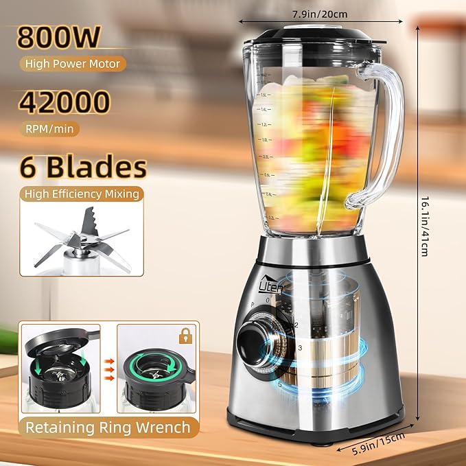 Uten 800 Watt Hight Speed Countertop Blender for Smoothies and Shakes Ground Coffee Beans 60 Oz Glass Jar 5 Speed Settings and Pulse