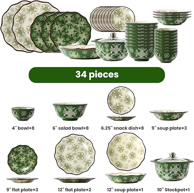 Kitchen Tableware SetCeramics Dinnerware Set Vintage Pattern Porcelain Dinner Sets of 34 Cereal Bowl and Steak Plate Set for Weddingb