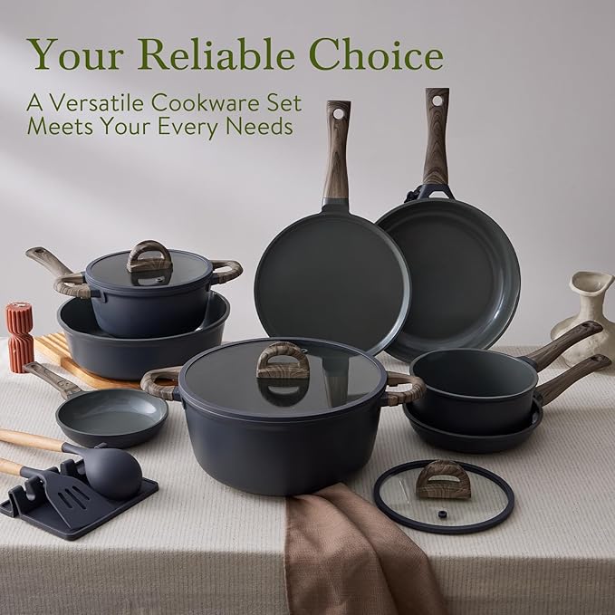22Pcs Pots and Pans Set Non Stick Non-Toxic Ceramic Cookware Sets Nonstick Kitchen Pot and Pan Set With Lid Gray Granite Induction Compatible with Glass Lids 10 Griddles Frying Pan PFOA/PFOS-Free