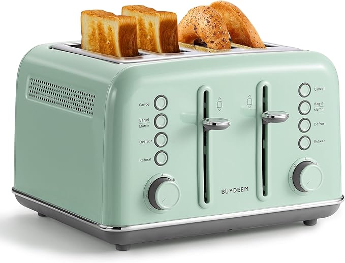 BUYDEEM DT640 Retro 4 Slice Toaster 7 Shade Settings Extra Wide 1.5'' Slots Stainless Steel Toaster with Bagel Muffin Defrost Reheat Function Green