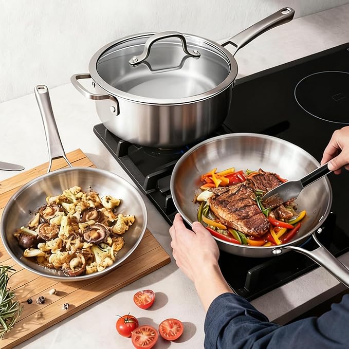 Bonnlo 10 Pieces Cookware Set 3-Ply Stainless Steel Pots and Pans Set with Lids Non-Toxic Kitchen Set Oven &amp Dishwasher Safe Induction Cooking Set PFOA &amp PTFE Free Compatible for All Coo