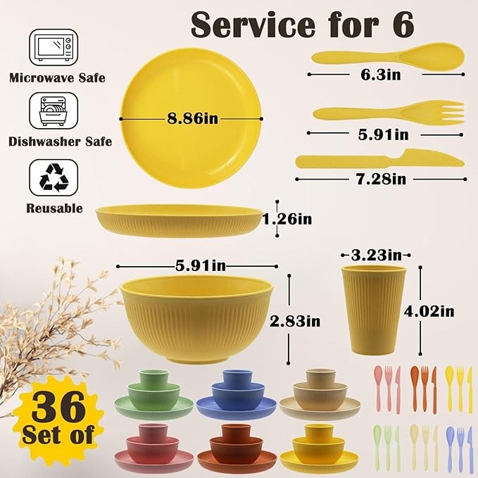 Wheat Straw Dinnerware Set 36pcs Dishes Plates and Bowls Sets Service for 6 Reusable Dinnerware Set Kitchen Cups Plates and Bowls Sets