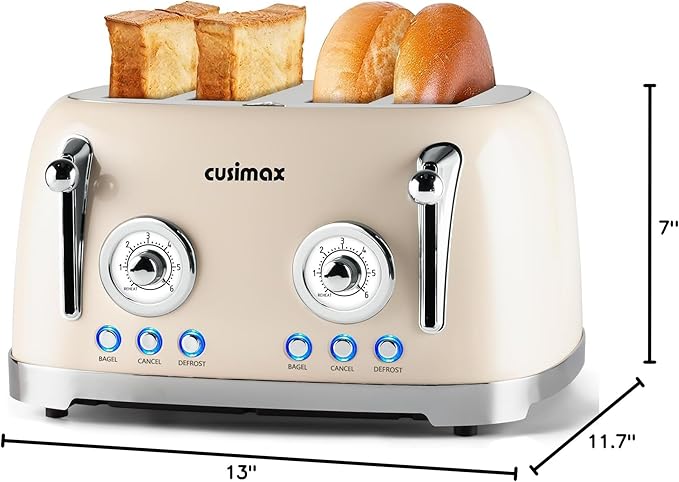 CUSIMAX Toaster 4 Slice Retro Toaster with Wide Slots for Bagels Stainless Steel with 6 Toast Settings Bagel Cancel Defrost &amp Reheat Functions Dual Independent Control Panels Cream