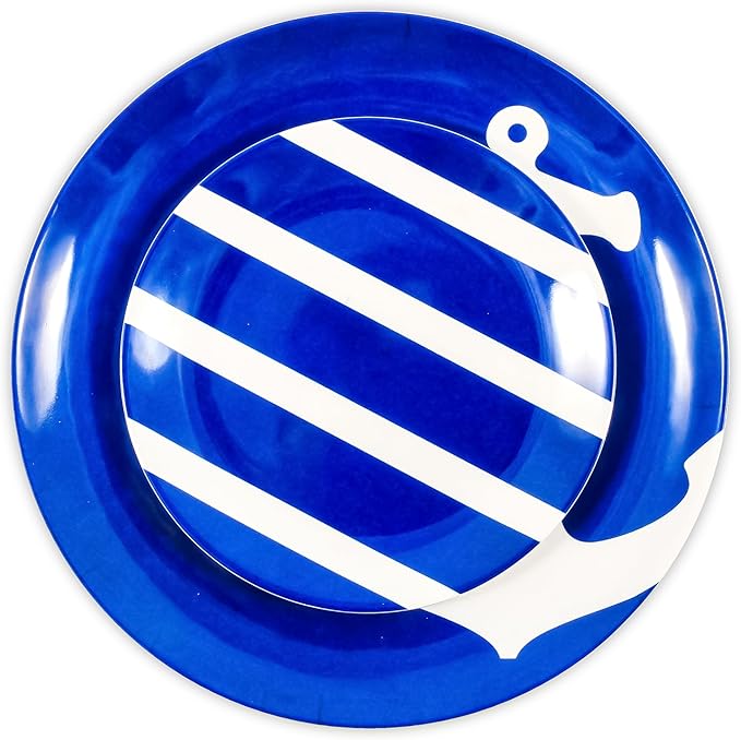 Camco 12 Piece Melamine Dishware Set - Features Blue and White Nautical Design - Includes 4 Bowls 4 Salad Plates &amp $ Dinner Plates - Dishwasher Safe Dish Set (41951)