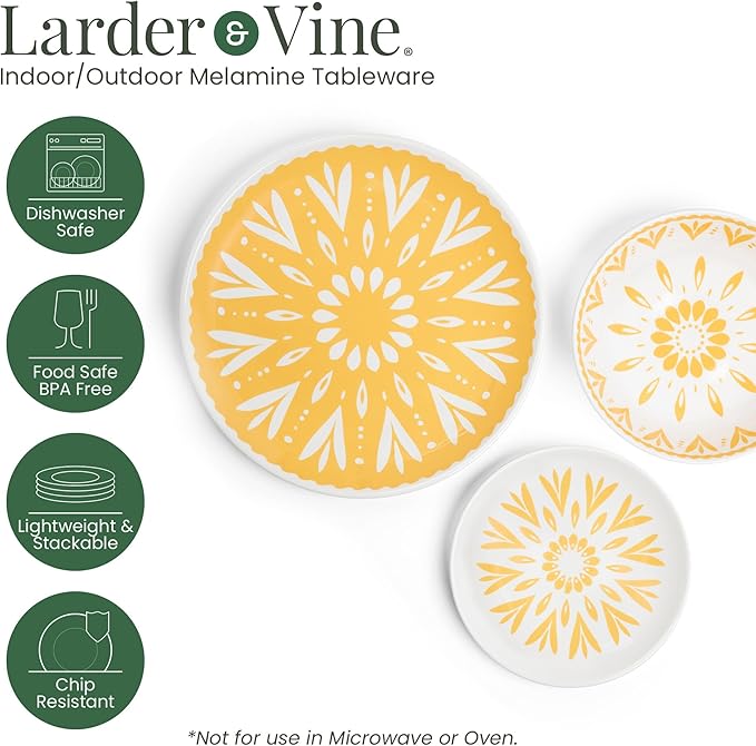 Larder &amp Vine 12-Piece Melamine Dinnerware Set: Durable Lightweight Break-Resistant Plates &amp Bowls – Stylish Non-Toxic Dishwasher Safe – Ideal for Everyday Use Indoor &amp Outdoor Dining