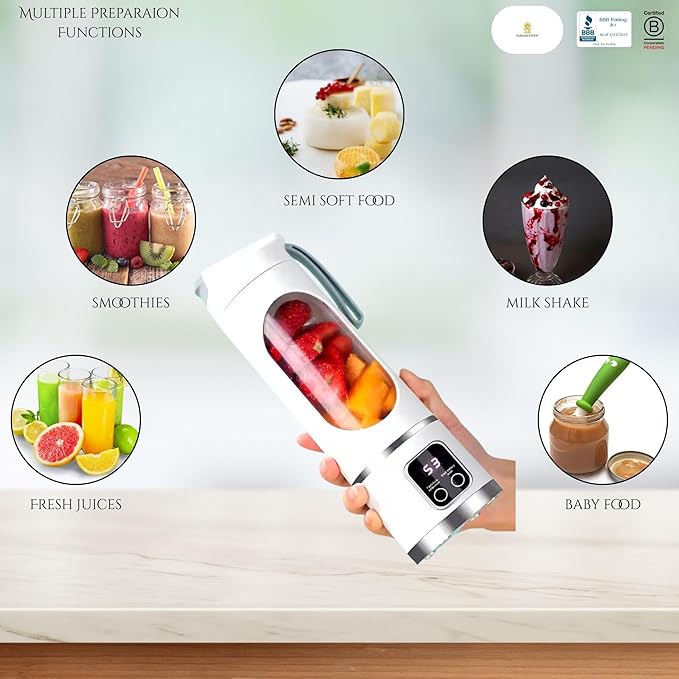 Paramexview® Portable Blender 16oz/500ml for Juices &amp Smoothies with 12 Stainless Steel Blades | USB Rechargable &amp 3 Levels Multi-Speed Control | 50W Powered fusion Portable Blender