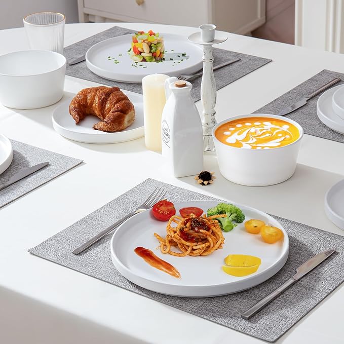Asrug 12-Piece Plates and Bowls SetsCeramic Dinnerware Sets for 4 Chip Resistant and Scratch Dish Set Dining Dinner Porcelain Dishware Microwave and Dishwasher SafeWhite Matte