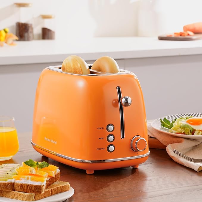 Roter Mond 2 Slice Toaster Retro Stainless Steel with Bagel Cancel and Defrost Functions 6 Bread Shade Settings Extra Wide Slots and Removable Crumb Tray Orange