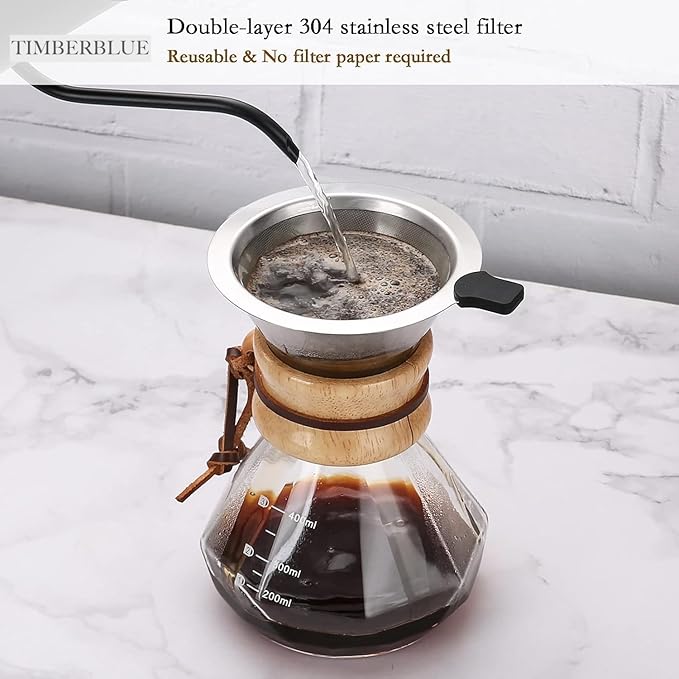Pour Over Coffee Maker with Reusable Stainless Steel Filter Borosilicate Glass Coffee Jug Wood Collar Coffee Infuser Holds 2 Cups 13.5oz/400ml Clear
