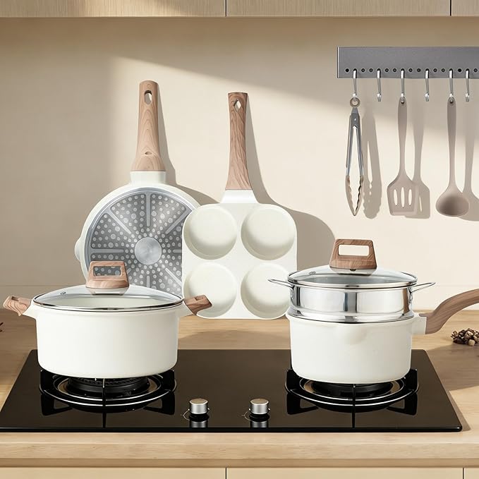 NEWBULIG Nonstick Cookware Set Granite Pots and Pans with Lids Induction Non Stick Cooking Set w/Frying Pans &amp Saucepans 25-Piece/Set Beige