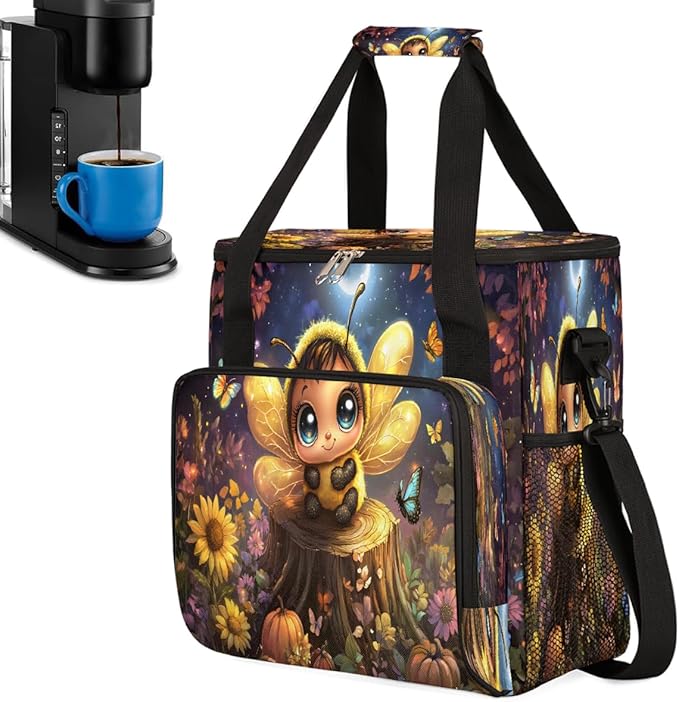 Cartoon Bee Flower Forest Coffee Maker Carring Bag Travel Carrying Storage Tote Bag Compatible with Keurig K-Mini or K-Mini Plus Portable Single Serve Coffee Brewer Case with Pockets for K-cup Pods