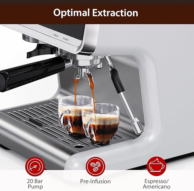 Towallmark Espresso Machine with Grinder 20 Bar Professional Coffee Maker for Home Milk Frother Removable Water Tank Steam Wand Perfect for Espresso Cappuccino Latte