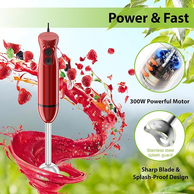 Bonsenkitchen Red Immersion Hand Blender 2-Speed Stick Mixer for Smoothies Soup &amp Baby Food Portable Electric Blender with Stainless Steel Blades Easy Clean