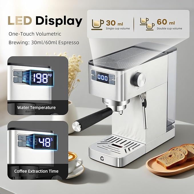 Espresso Machine Stainless Steel Coffee Machine with 20-Bar Pump Pressure Steam Wand for Milk Frothing Single/Double Shot Espresso Americano Cappuccino Latte Compact Home Coffee Maker 120V Silv