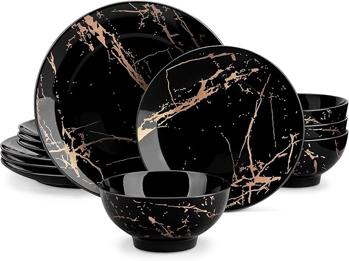 LOVECASA Plates and Bowls Sets for 4 12 Pieces Porcelain Dinnerware Sets Black and Gold Dish Set Gold Splash Dishware Sets Dishwasher Microwave Safe