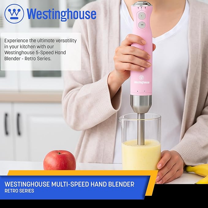 Westinghouse Hand Blender - 5-Speed Immersion Blender with Turbo Function Stainless Steel Blades &amp Rod 500W Power Detachable Easy Clean Design Best for Smoothies &amp Soups - Retro Appliance