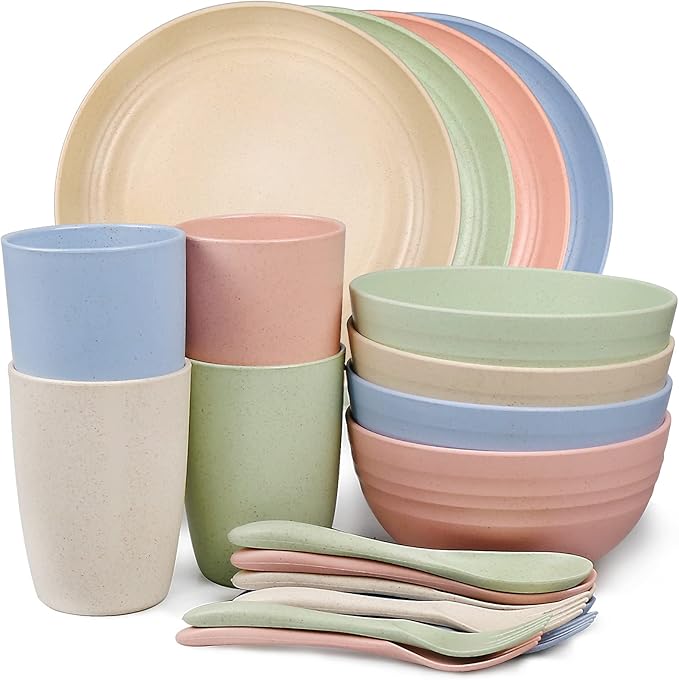 Shopwithgreen Wheat Straw Dinnerware Sets for 4 20 PCS Unbreakable Plates and Bowls Sets Reusable Dinner Dishes Set Bowls Cups Plates for Camping Kitchen RV Dorm Dishwasher Microwave Safe