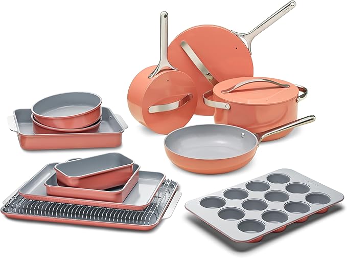 Caraway 23-Piece Nonstick Ceramic Cookware &amp Bakeware Set – Pots Frying Pans Lids Baking Sheets Pans Cooling Rack &amp Storage – Oven Safe Non-Toxic – Compatible with All Stovetops - Perrac