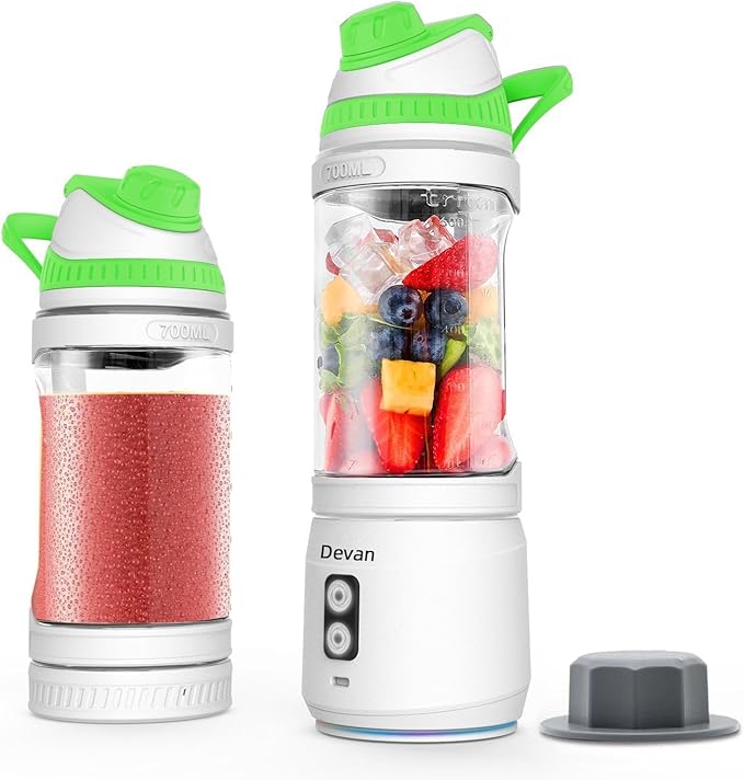 Portable Blender Anti-Jamming 300 Watt for Shakes and Smoothies 24oz Travel Blender USB Rechargeable BPA Free Sporty bottle with a Travel Lid. (Black Base Grey Lid) (White Base Green Lid)