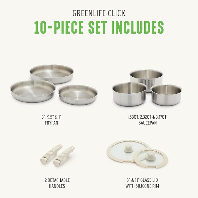 GreenLife 10 Piece Stainless Steel Pots and Pans Detachable &amp Stackable Kitchen Set Tri Ply Clad PFAS Free Cookware Space Saving with Removable Handle Induction &amp Oven Safe RV Cookware G